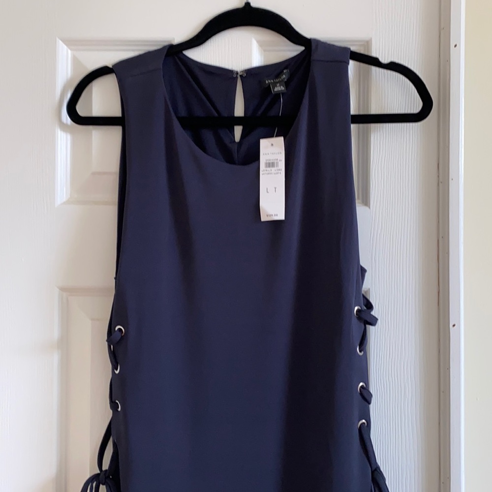 Ann Taylor navy dress with lace up sides.